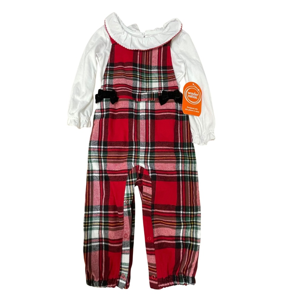 Wonder Nation Toddler Girls Plaid Jumper and Long Sleeve Shirt Set 18M Red Green